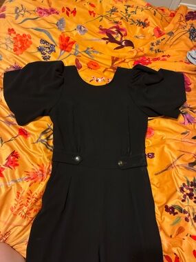 Sezane Black Puff Sleeve Jumpsuit with Buttons on the Back